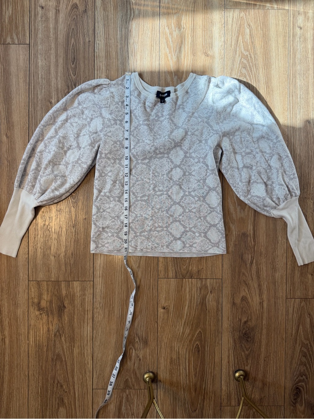 Express Beige Snake-Print Puff Sleeve Crewneck Sweater
